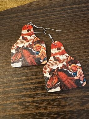 Western Horse & Rider Leather Dangle Earrings - Rust and Brown